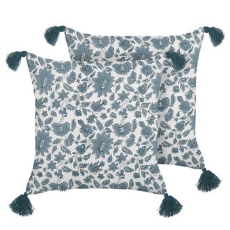 Beliani Beliani - Conjunto De 2 Cojines De Algod&oacute;n Blanco Verde Azulado 45 X 45 Cm Borlas Rumex