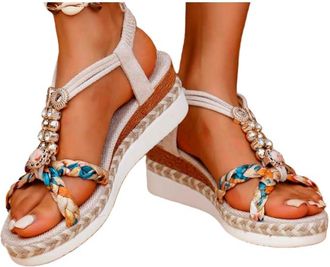 Generic Bohemian Beach Sandals for Women 2026,Platform Sandals Women Summer Dressy,Rhinestone Beaded Elastic Ankle Strap Flip Flops Open Toe Summer Beach Flat