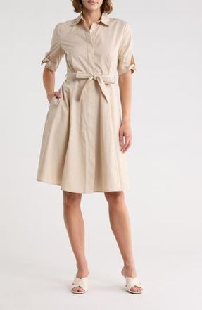 Calvin Klein Solid Cotton Shoulder Tie Shirtdress in Khaki at Nordstrom Rack, Size 14