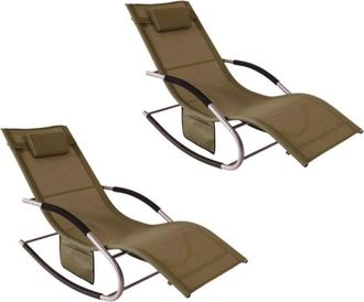 SoBuy Set de 2 Tumbonas, Mecedora con Almohada y Bolsillo Lateral, Estructura de Hierro, Malla Transpirable Teslin, cómodo, soporta hasta 150 kg Marrón x 2