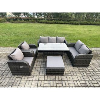 Fimous Dark Grey pe Wicker Rattan Garden Furniture Set Reclining Chair Love Sofa 2 Seater Sofa Set Outdoor Rectangular Dining Table Big Stools Side Table 8