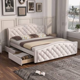 Merax White PU Double Bed Frame with 2 Storage Drawers