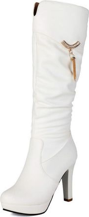 Generic Womens High Heeled Platform Boots with Tassel PU Leather Slouch Long Boots with Side Zipper Round Toe Knight Boot,White,3.5 UK