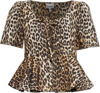 Ganni Dierenprint Top - Dames - Blouses - Bruin - S - Katoen - Overhemden