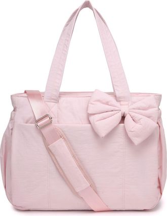 Generic Lightweight Crush Bow Tote Bag For Women Large Work Tote with Puffer Quilted Shoulder Travel Tote Bag for Work, Yoga, Gym, Light Pink