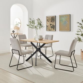 Furniturebox Leonardo Oak Effect Dining Table & 4 Halley Taupe Fabric Chairs in Brown