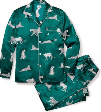 Petite Plume Panther Print Silk Pajamas in Green at Nordstrom, Size X-Large