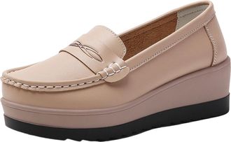 Generic Ladies Slip On Shoes Wide Fit Casual Womens Shoes Round Toe Thick Sole Breathable Stylish Comfortable Wedge Shoes Office Leisure Khaki