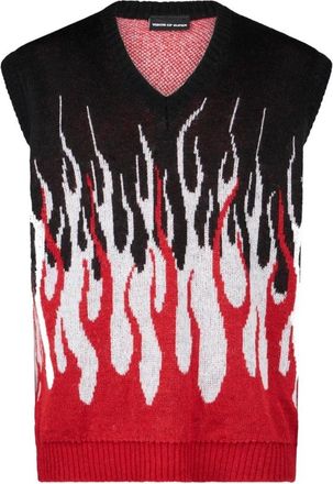 Vision Of Super Jacquard Flames Gilet - Zwart/Wit/Rood - Heren - Spencers - Veelkleurig - L - Truien & Vesten