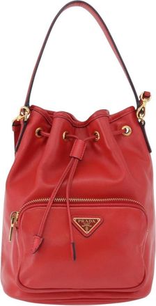 Prada Drawstring Pocket Bucket Soft Calf Red Leather Handbag (Pre-Owned)