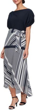 S.L. Fashions Short Sleeve Mixed Media High-Low Dress in Navy Multi at Nordstrom Rack, Size 14