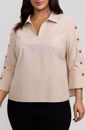 Foxcroft Lainey Button Accent Cotton Popover Top in Light Khaki Beige at Nordstrom, Size 3X