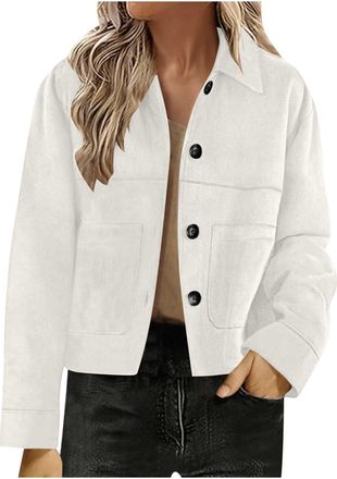 Generic Womens Faux Suede Jacket Long Sleeve Lightweight Cropped Blazers Button Down Loose Fit Jackets Ladies Elegant Outwear Lapel Pullover Tops Bomber Jacke