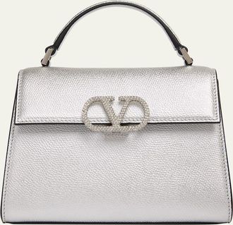 Valentino Garavani Mini Crystal VLogo Metallic Leather Top-Handle Bag