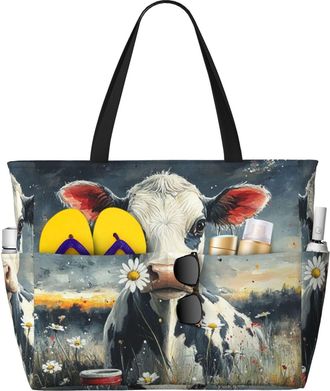 Generic Cow Print Print Large Beach Bag Foldable Travel Shoulder Tote Bag With Pocket For Weekender Pool Vacation
