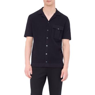 Bugatchi Camp Collar Short Sleeve Cotton & Silk Shirt Sweater in Black at Nordstrom Rack, Size X-Large