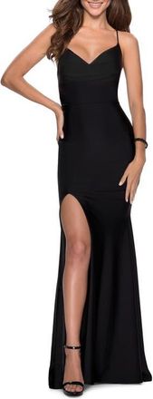La Femme Form Fitting Jersey Prom Dress with Draped Neckline in Black at Nordstrom, Size 12