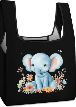 Generic Cute Elephant Florals Reusable Shopping Bags Lightweight Foldable Grocery Bag Polyester Washable Tote Bag