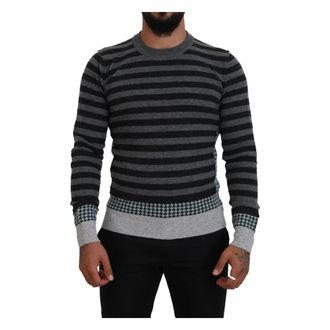 Dolce & Gabbana Round-neck Knitwear, male, Multicolor, XS, Black Gray Wool Logo Pullover Jumper