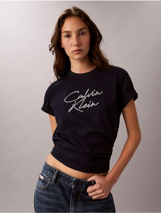 Calvin Klein Jeans Calvin Klein Womens Classic Sequin Script Logo Tee - Blue - XL