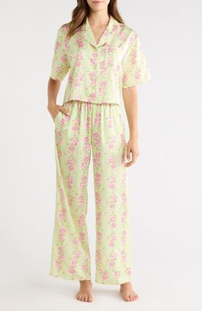 Open Edit Boxy Everyday Satin Pajamas in Green T- Pink Floral Lace at Nordstrom, Size X-Small