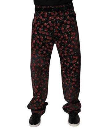 Dolce & Gabbana Mens Cherry Print Trousers - Black Cotton - Size EU 48 (Mens)