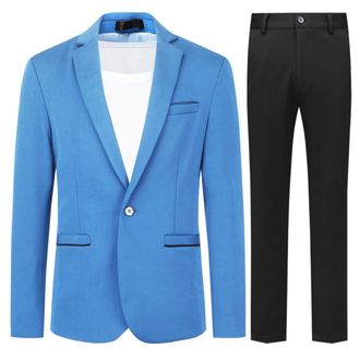 AlltheMen Mens 2 Pieces Suit Casual 1 Button Dress Suits Solid Color Stylish Wedding Dress Suit Blue (Black Pants) XXL