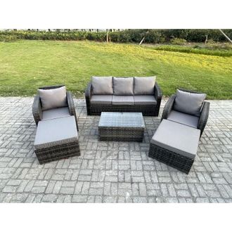 Fimous Wicker pe Rattan Garden Furniture Set 7 Seater Outdoor Lounge Sofa Set with Coffee Table 2 Big Footstool Dark Grey Mixed - Fimous