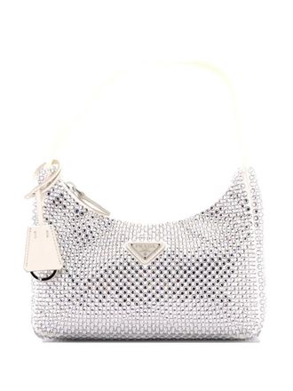 Prada Re-Edition 2000 Crystal Embellished Satin Mini hobo bag - women - COTTON/ STRAW - One Size - White