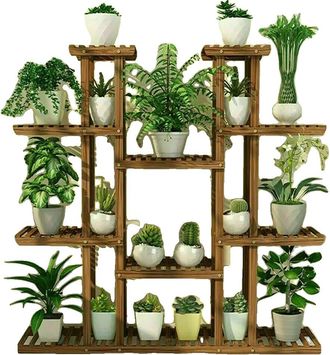OEM Soporte Para Plantas De 9 Niveles, Dise&ntilde;o Duradero De Madera Y Metal, Color Marr&oacute;n