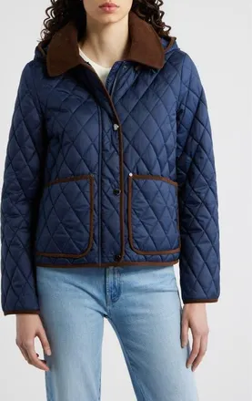 London Fog Water Resistant Corduroy Trim Quilted Coat in Dark Navy at Nordstrom, Size X-Small