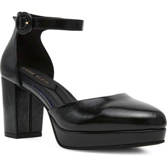 Anne Klein Faith Platform Ankle Strap Pump in Black Crinkle at Nordstrom, Size 9.5