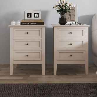 Melody Maison Pair Of 3 Drawer Bedside Tables - Rowley Taupe Grey Range in Beige