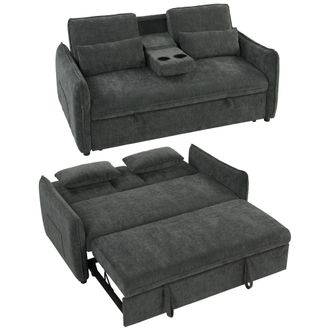 HOMCOM Homcom Sof&aacute; Cama 2 Plazas 3 En 1, Sof&aacute; Cama De Chenilla Con Mesa, Portavasos, Respaldo Ajustable, Bolsillos Laterales, 2 Almohadas, Gris Oscuro