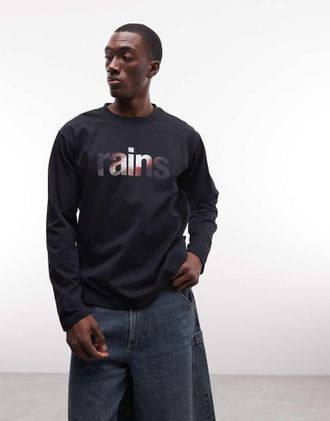 Rains 41510 - T-shirt comoda nera a maniche lunghe con grafica del logo-Nero