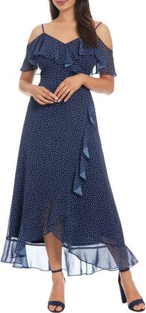 London Times Cold Shoulder Ruffle Faux Wrap Midi Dress in Navy/White at Nordstrom Rack, Size 12P