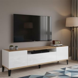 Dmora Dmora - Mueble Tv Para Sal&oacute;n, Made In Italy, Mueble Tv Con 2 Puertas Y 1 Caj&oacute;n, 160x40h47 Cm, Blanco Brillo Y Arce, Con Embalaje Reforzado