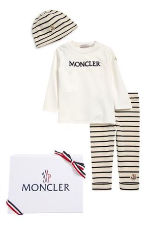 Moncler Logo Graphic T-Shirt, Stripe Leggings & Beanie Set in Blue at Nordstrom, Size 1-3M