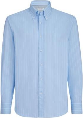Brunello Cucinelli Striped poplin shirt in Azure at Nordstrom, Size Xxx-Large Eu