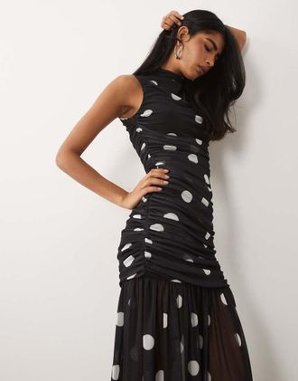 Asos Vestito accollato con vita scesa arricciata nero e bianco a pois-Multi