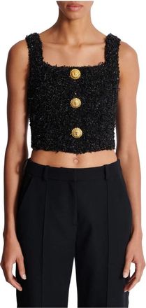 Balmain Tweed knit crop top Ef 1Ab 053Kb 19 - Dames - Tops zonder mouwen - Zwart - XS - Tweed - Tops