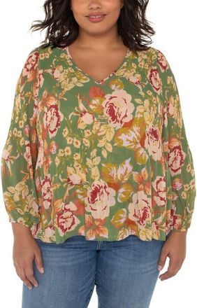 Liverpool L.A. Long Sleeve Pleated V-Neck Top in Green Multi Floral at Nordstrom, Size 1X
