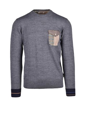 Bob Grey Houndstooth Pocket Wool-Blend Crewneck Sweater