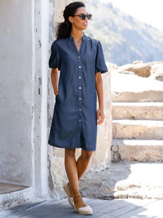 Heine Sommerkleid HEINE Kleid, Damen, Gr. 34, Normalgr&ouml;ssen, dunkelblau, 100% Lyocell, unifarben, kurz, V-Ausschnitt, Kleider Sommerkleid