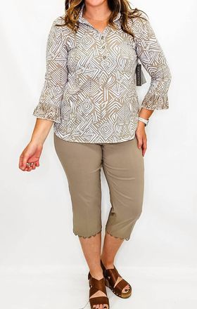 Multiples Collared Three Quarter Sleeve Top In Stone & White