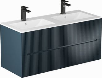 Vente-Unique Mueble de ba&ntilde;o suspendido estriado con lavabo encastrado y grifo - Azul - 120 cm - PAVANI