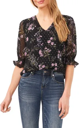 CeCe by Cynthia Steffe Floral Clip Dot Chiffon Top in Rich Black at Nordstrom, Size X-Large
