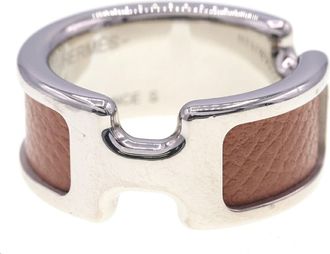 Herm&egrave;s Silver Brown Metal Band Ring (Pre-Owned)