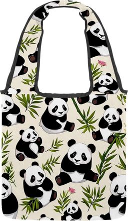 Generic Cute Panda Pattern Reversible Canvas Shoulder Tote - Double-Sided Print, 12oz Cotton, 27cm Drop, Fold-Flat Bag for Travel, Shopping, Street Outings