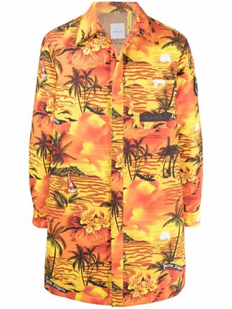 Palm Angels x Moncler tropical-print padded coat - unisex - Cotton/Feather Down/Polyester - 46 - Yellow